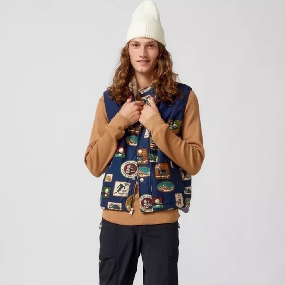 BDG Urban Outfitters Mens Sherpa Lined Patch Print Puffer Vest Navy OB1880296 L